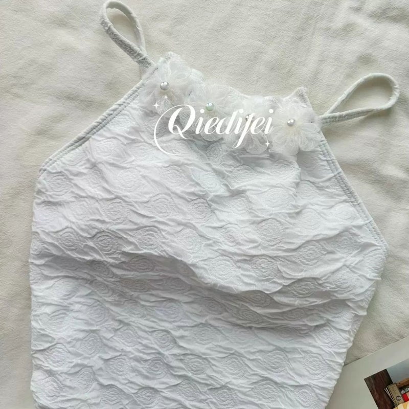 "First Love Rose" One-Piece Slim Shading Meat Covering Advanced Conservative Small Fragrance Pearl Girl Spring Seaside Holiday Style - Image 5